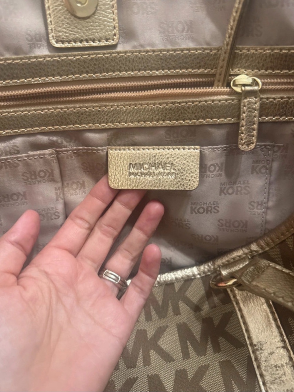 Michael Kors MK Logo Tote in Beige with Gold Trim - Picture 2 of 5